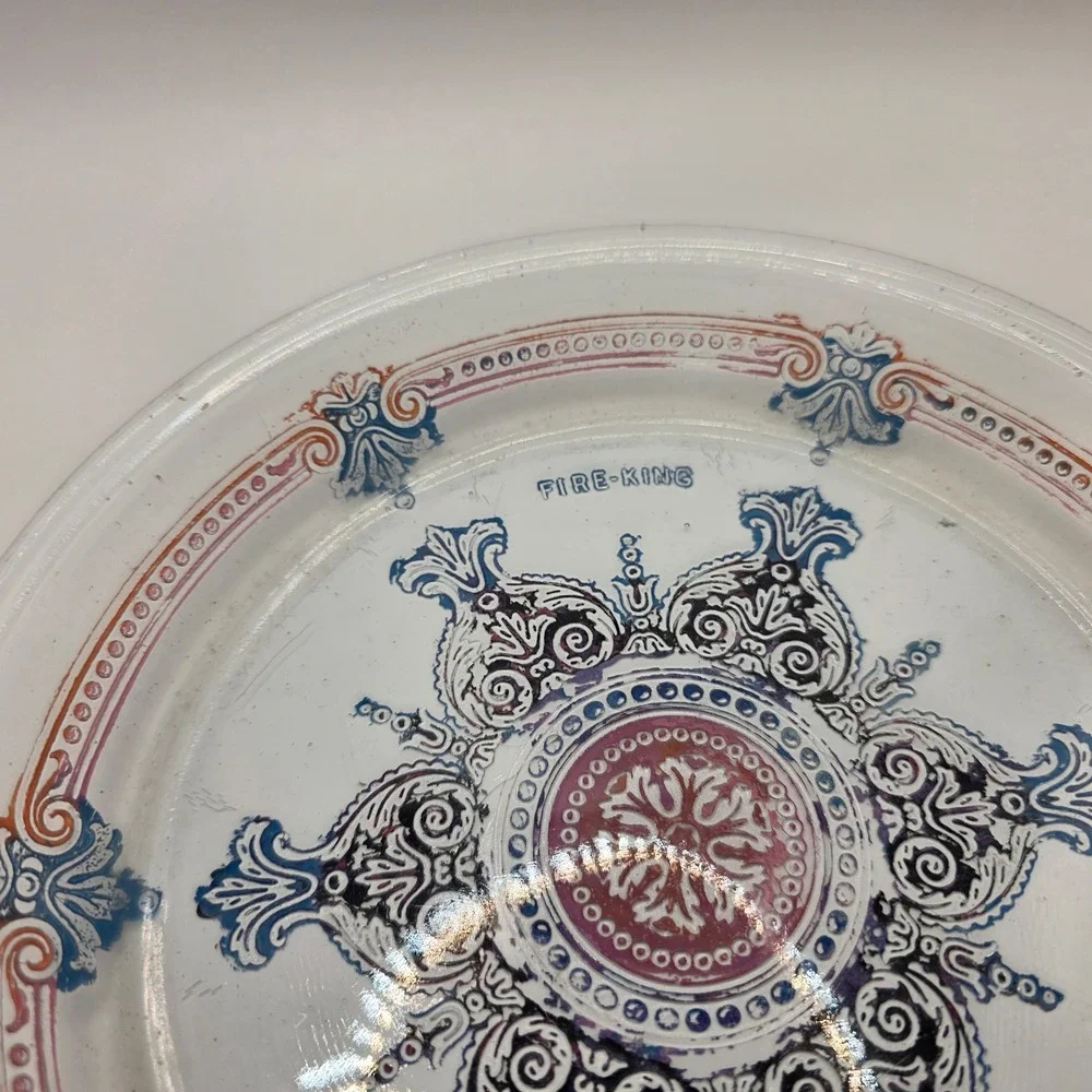Vintage Fire-King Clear Glass Medallion Plate‎ Blue Red Scroll Pattern 9 inch